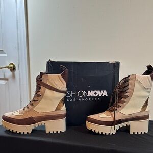 Fashion Nova Lace Up Tan and Brown Boots